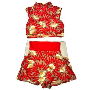 Seea Womens Floral Leucadia Surf Set Red Mock Neck Crop Top High Waist Shorts ML